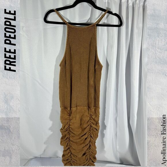 FREE PEOPLE KATYA THERMAL MINI DRESS BODYCON IN CHOCOLATE BROWN LARGE NWT - Picture 8 of 8